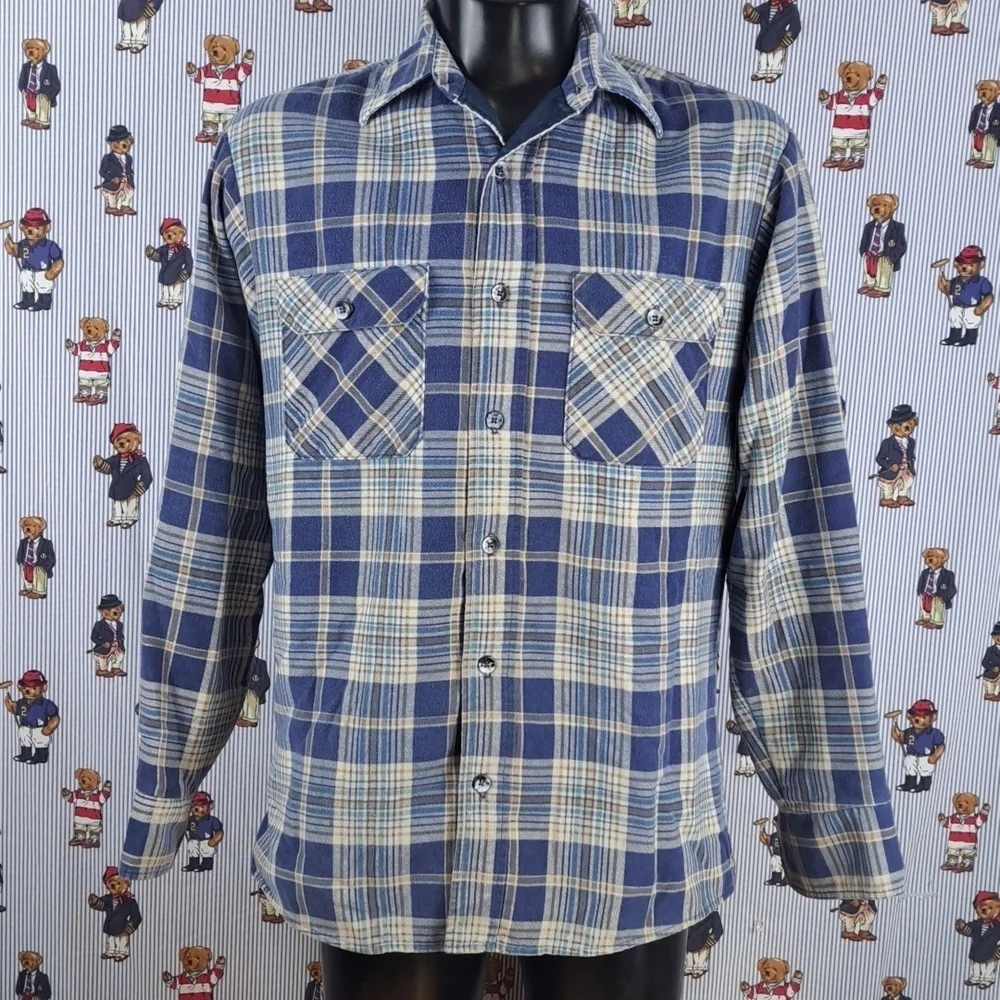 Vintage Fieldmaster Perma Prest blue & tan plaid lined flannel LG tall shacket